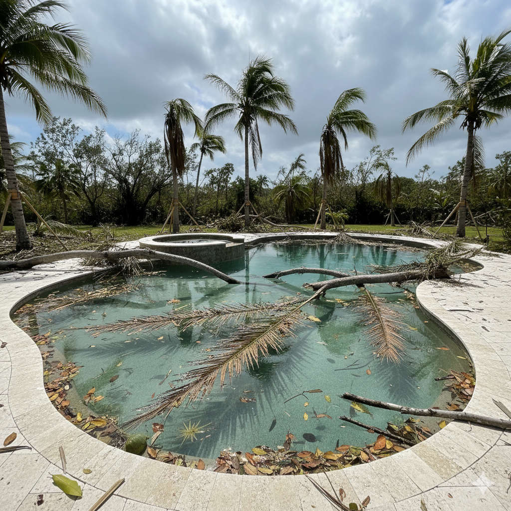 A backyard pool filled with debris and fallen palm branches after a storm, before professional one-time deep pool cleans by Aloha Pool Pros in Viera, Suntree, and Melbourne.