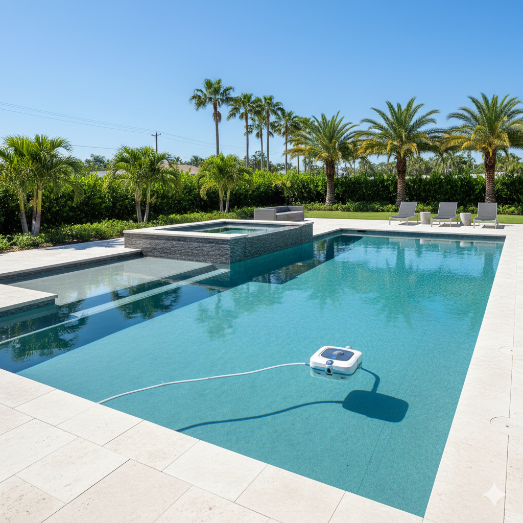 Clean and sparkling backyard pool after professional one-time deep pool cleans by Aloha Pool Pros in Viera, Suntree, and Melbourne, featuring clear water and palm trees under a bright Florida sky.