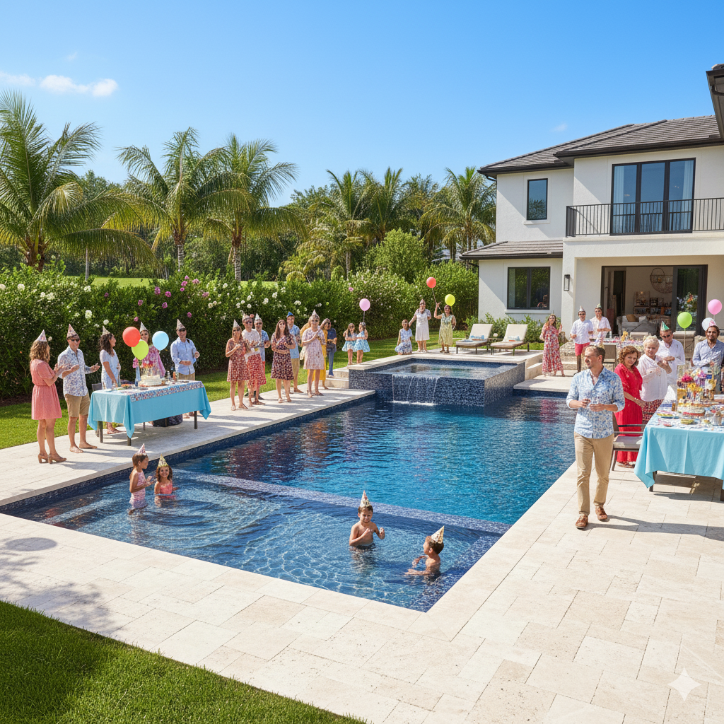 Family and friends enjoying a backyard pool party after a professional one-time deep pool clean by Aloha Pool Pros in Viera, Suntree, and Melbourne.