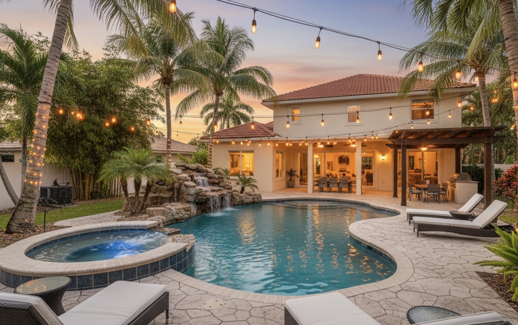 Clean backyard pool at sunset after green to clean pool restoration in Suntree, Florida, featuring clear blue water and tropical landscaping.