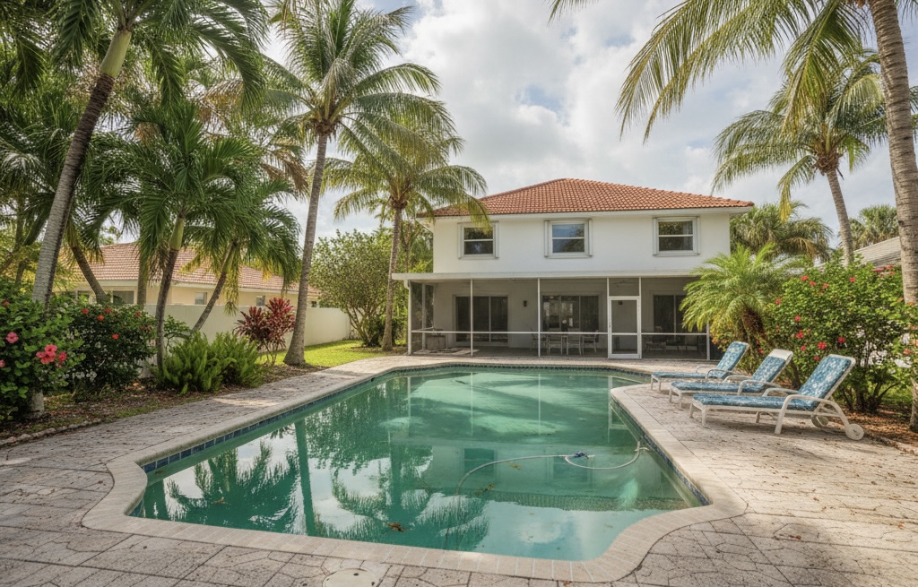 Before and after results of green to clean pool restoration in Viera, Florida, showing transformation from algae-filled water to a crystal-clear swimming pool.