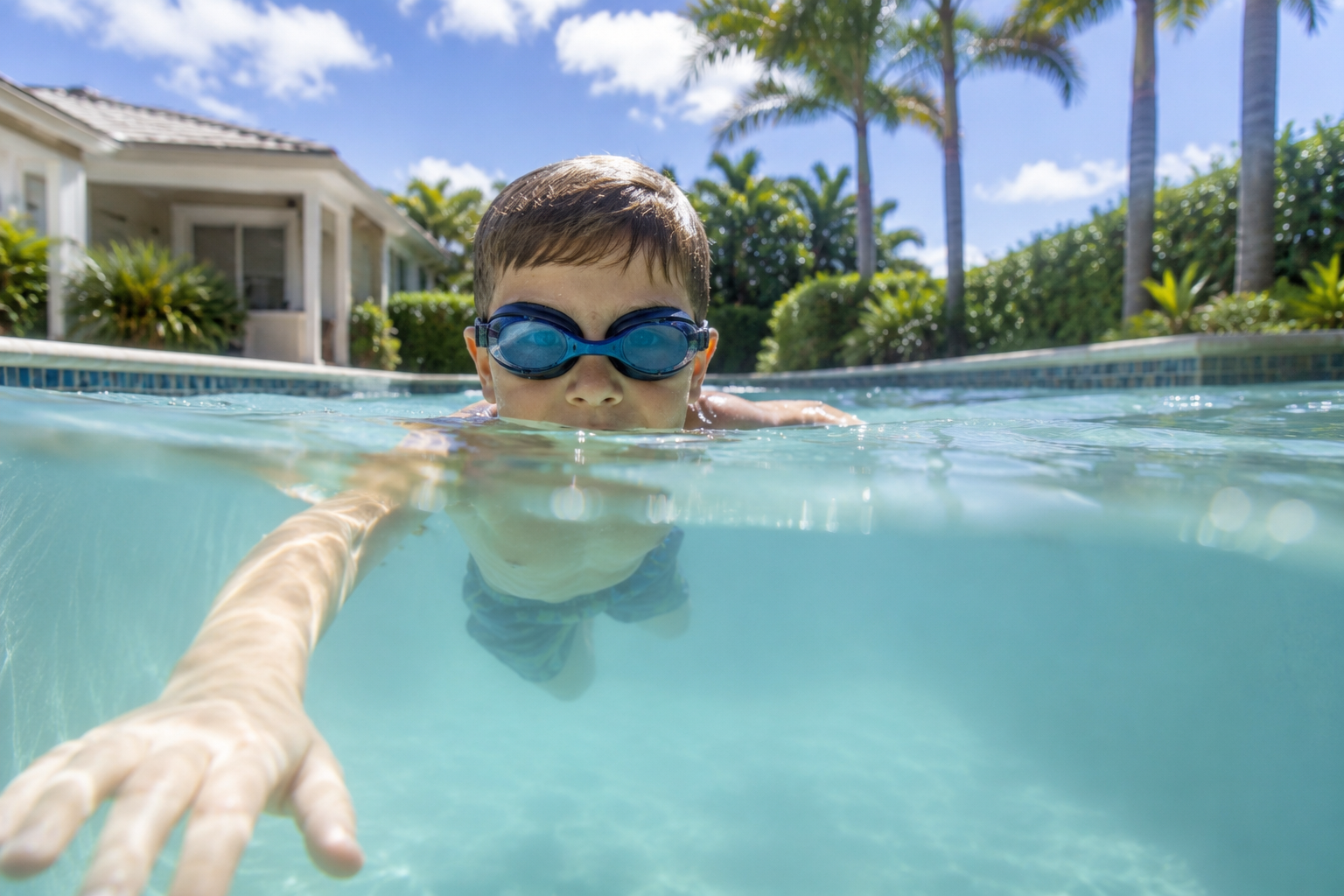 pool water burns eyes young swimmer in hazy residential swimming pool in Florida