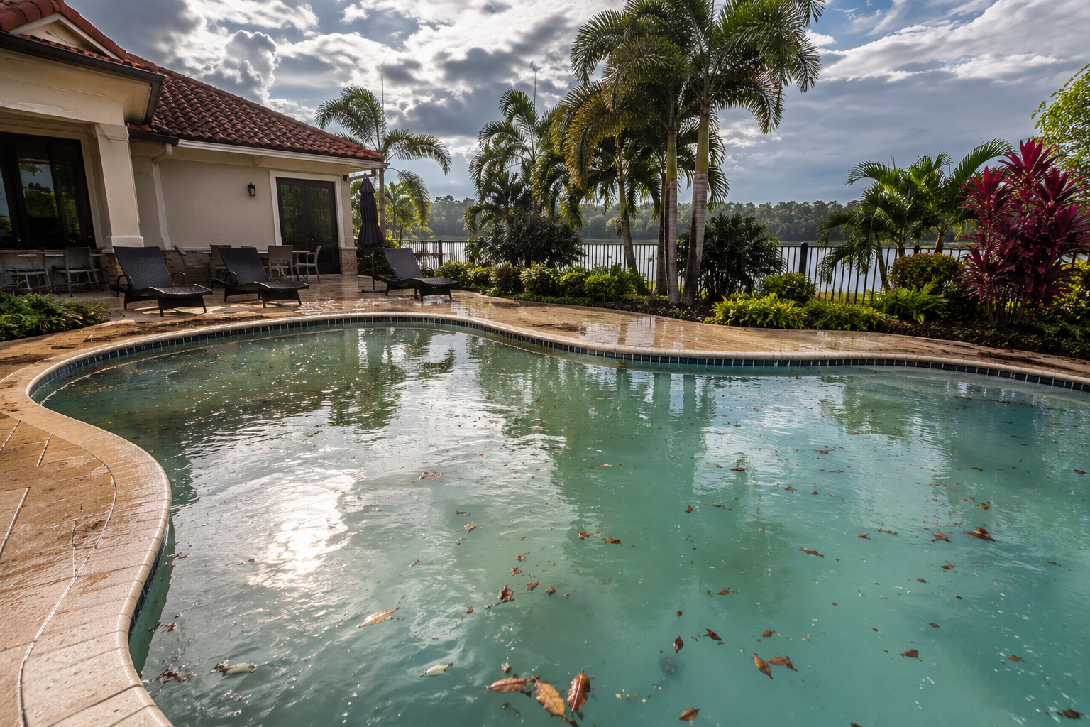 rain affects pool water in tropical home after Florida rainstorm