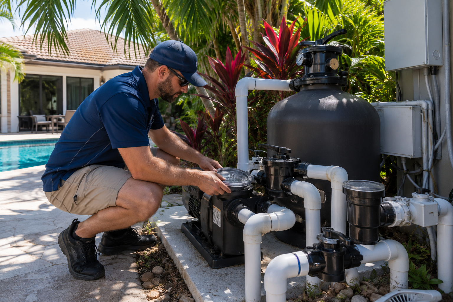 pool pump not circulating water professional pool technician inspecting residential Florida pool equipment system