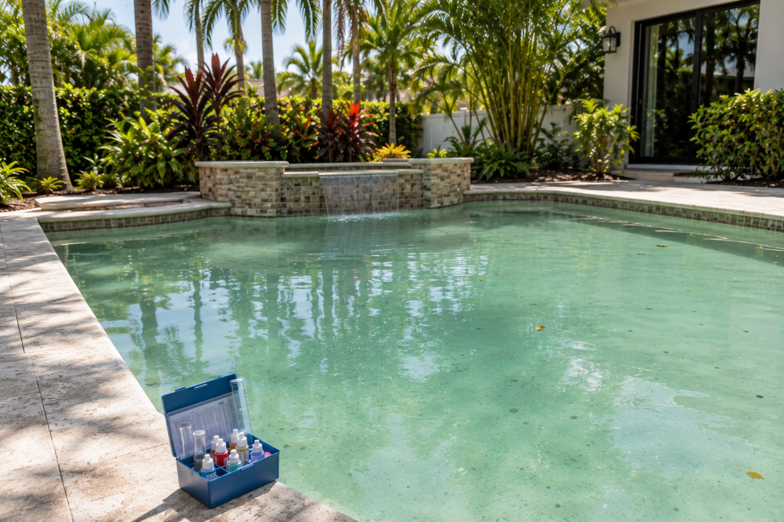 swimming in unbalanced pool homeowner testing water chemistry in residential Florida swimming pool